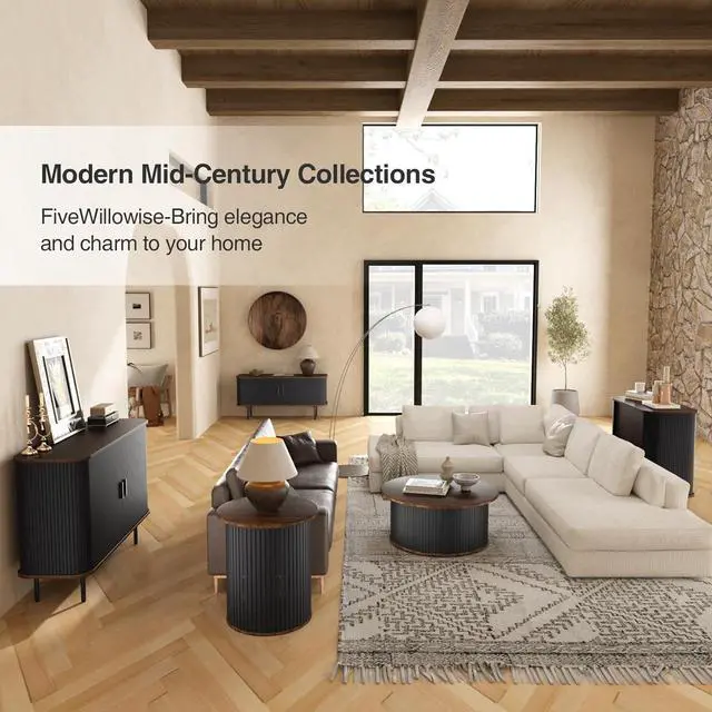 Alt view image 5 of 7 - 31''W Black Buffet Sideboard Cabinet with Storage, Fluted Accent Storage Cabinet Black with Curvy Edge; Sliding Door Coffee Bar, Credenza Console Table for Living, Kitchen, Hallway