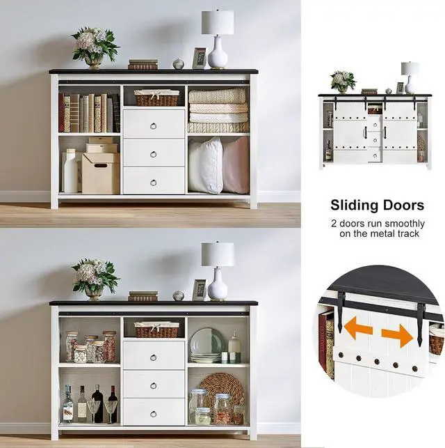 Alt view image 3 of 7 - REAHOME Buffet Cabinet with Storage, 48" Sideboard Buffet Cabinet with Sliding Barn Doors & 3 Drawers, Farmhouse Wood Coffee Bar Cabinet Buffet Table for Kitchen, Dining Room,Living Room, White