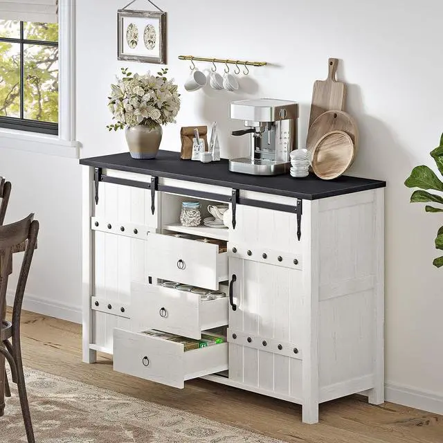 Alt view image 5 of 7 - REAHOME Buffet Cabinet with Storage, 48" Sideboard Buffet Cabinet with Sliding Barn Doors & 3 Drawers, Farmhouse Wood Coffee Bar Cabinet Buffet Table for Kitchen, Dining Room,Living Room, White