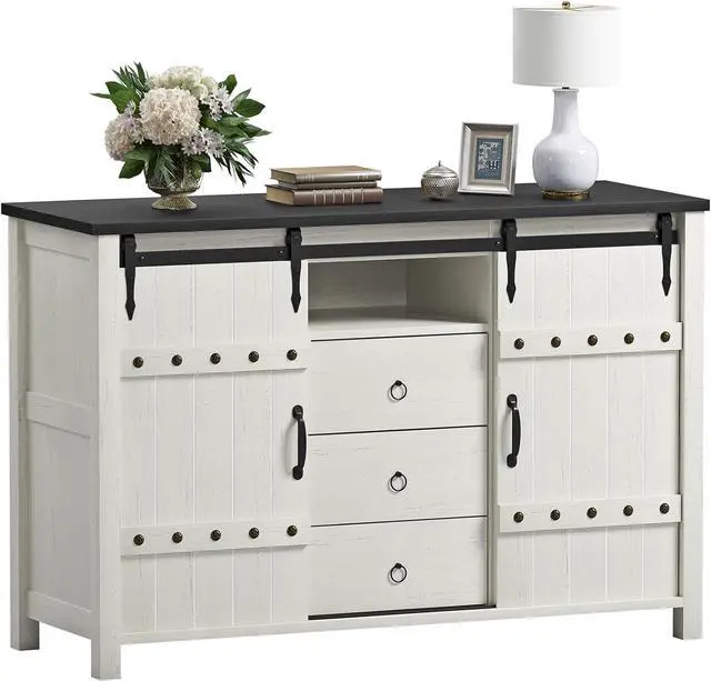 Alt view image 7 of 7 - REAHOME Buffet Cabinet with Storage, 48" Sideboard Buffet Cabinet with Sliding Barn Doors & 3 Drawers, Farmhouse Wood Coffee Bar Cabinet Buffet Table for Kitchen, Dining Room,Living Room, White