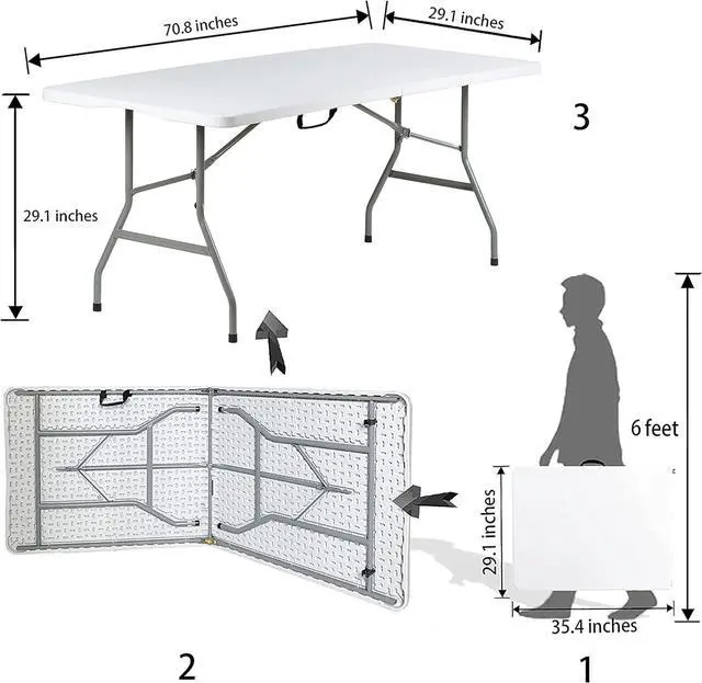 Alt view image 3 of 4 - 6 Foot Folding Table 6ft Foldable Portable Plastic Tables for Party, Fold-in-Half Heavy Duty Table, 6 Utility Dining Card Long Table, Indoor Outdoor Fold up for Picnic, Camping, White, Large