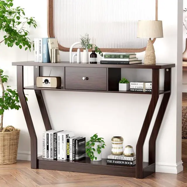 Alt view image 3 of 7 - 47'' Narrow Console Table with Drawer, 3-Tier Wooden Entryway Accent with Open Shelves, Multi-Purpose Sofa Table for Living Room Hallway - Easy Assembly & Storage (Coffee)