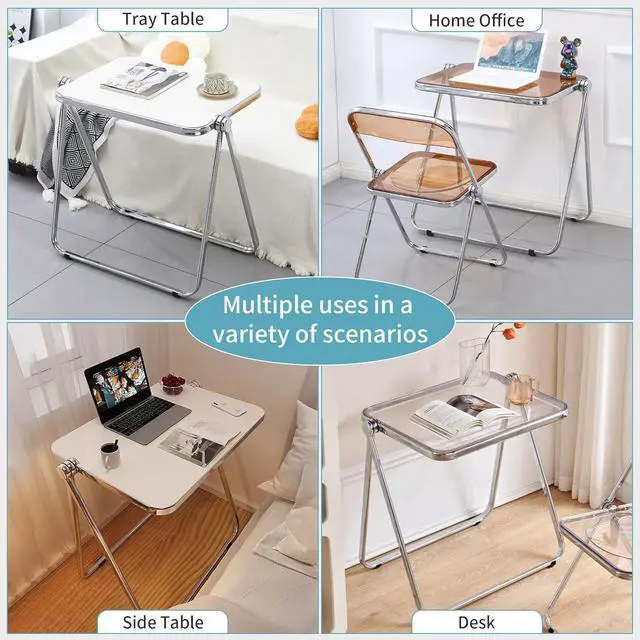 Alt view image 6 of 6 - KAIHAOWIN Small Folding Table- Acrylic Morden TV Tray for Snack Dinner on Couch, Tiny Foldable Desk Writing Desk for Home Office for Small Spaces No Assembly Required