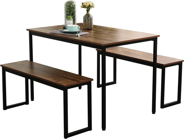 Alt view image 2 of 7 - SogesPower 3 Piece Dining Table Set Kitchen Dining Table with 2 Benches Breakfast Table, Coffee Table Set, Home Office Table Set, Computer Table for 2, Nesting Table Set