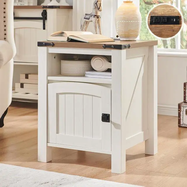 Main image of OKD Farmhouse Nightstand with Charging Station, 18" Rustic End Table with Adjustable Storage Shelf, Wood Rustic Wood Sofa Side Table for Bedroom