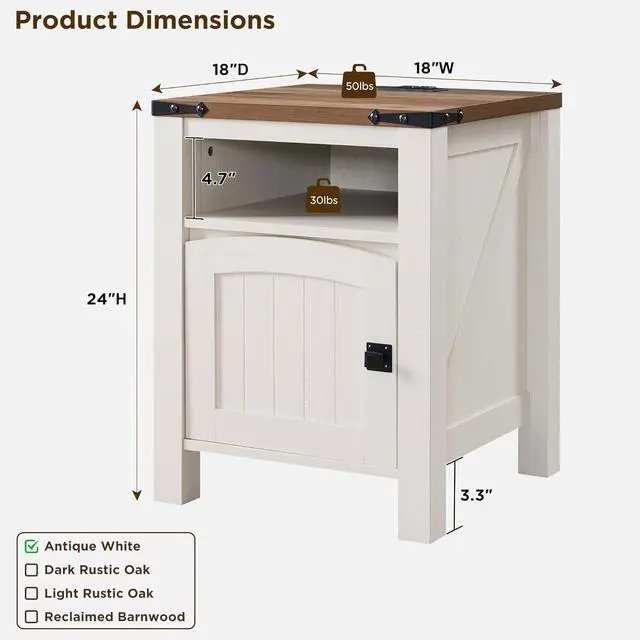 Alt view image 2 of 6 - OKD Farmhouse Nightstand with Charging Station, 18" Rustic End Table with Adjustable Storage Shelf, Wood Rustic Wood Sofa Side Table for Bedroom