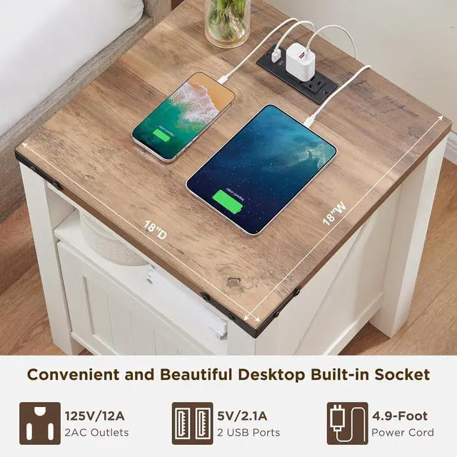 Alt view image 4 of 6 - OKD Farmhouse Nightstand with Charging Station, 18" Rustic End Table with Adjustable Storage Shelf, Wood Rustic Wood Sofa Side Table for Bedroom