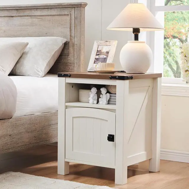 Alt view image 3 of 6 - OKD Farmhouse Nightstand with Charging Station, 18" Rustic End Table with Adjustable Storage Shelf, Wood Rustic Wood Sofa Side Table for Bedroom