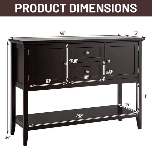 Alt view image 3 of 7 - COSTWAY Buffet Sideboard, with 2 Wood Storage Drawers & Open Shelf, Console Table for Living Room Kitchen Dining Room Furniture (Coffee)