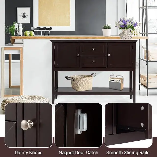 Alt view image 7 of 7 - COSTWAY Buffet Sideboard, with 2 Wood Storage Drawers & Open Shelf, Console Table for Living Room Kitchen Dining Room Furniture (Coffee)