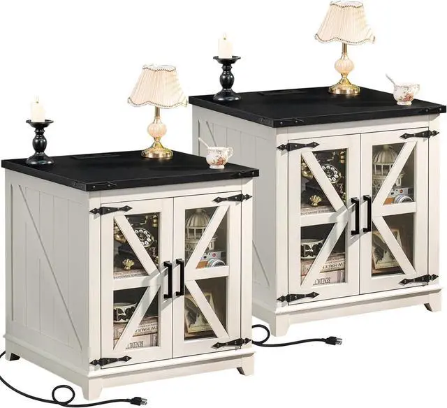 Main image of Farmhouse End Table with Charging Station Set 2, 24" Large Sofa Side Table with Glass Barn Door,White Nightstand with Adjustable Storage Shelf,Wood Square Bedside Table for Living Room,Bedroom