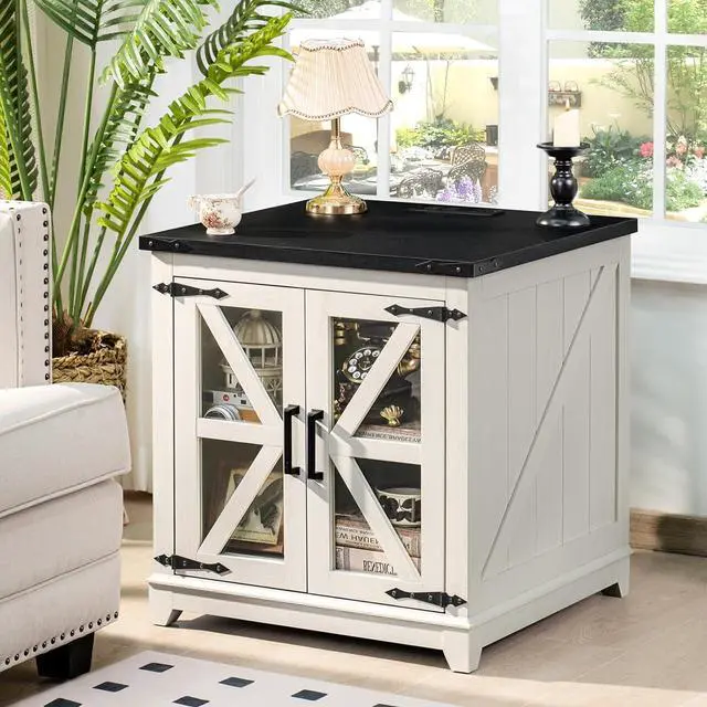 Main image of Farmhouse End Table,24" Large Sofa Side Table with Charging Station Glass Barn Door,Wood Nightstand with Adjustable Storage Shelf,Square Bedside Table for Living Room,Bedroom,Office-White