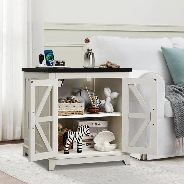 Alt view image 3 of 7 - Farmhouse End Table,24" Large Sofa Side Table with Charging Station Glass Barn Door,Wood Nightstand with Adjustable Storage Shelf,Square Bedside Table for Living Room,Bedroom,Office-White