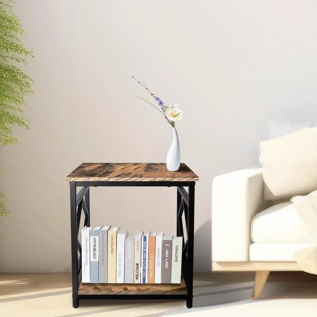 Alt view image 2 of 5 - Mini Fridge Table with Storage Industrial End Table Square Bedside Table with Large Capacity Storage Metal Frame Nightstand Coffee Stand Printer Table for Living Room Bedroom Rustic Brown