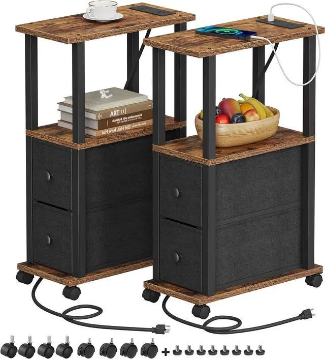 Main image of TUTOTAK Small Narrow End Tables, Side Tables with 2 Fabric Drawers, Set of 2, Bedside Tables with Charging Station for Small Spaces, Slim Nightstands with USB Ports and Wheels, TB01BB053