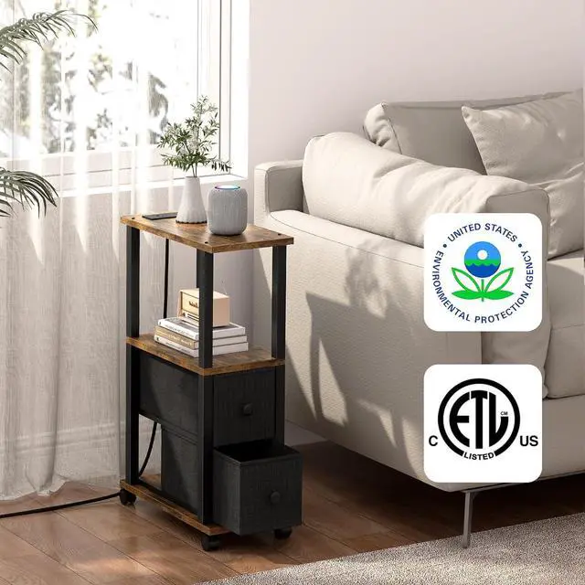 Alt view image 4 of 7 - TUTOTAK Small Narrow End Tables, Side Tables with 2 Fabric Drawers, Set of 2, Bedside Tables with Charging Station for Small Spaces, Slim Nightstands with USB Ports and Wheels, TB01BB053
