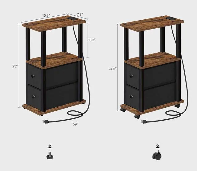Alt view image 3 of 7 - TUTOTAK Small Narrow End Tables, Side Tables with 2 Fabric Drawers, Set of 2, Bedside Tables with Charging Station for Small Spaces, Slim Nightstands with USB Ports and Wheels, TB01BB053