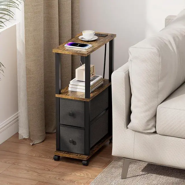 Alt view image 2 of 7 - TUTOTAK Small Narrow End Tables, Side Tables with 2 Fabric Drawers, Set of 2, Bedside Tables with Charging Station for Small Spaces, Slim Nightstands with USB Ports and Wheels, TB01BB053