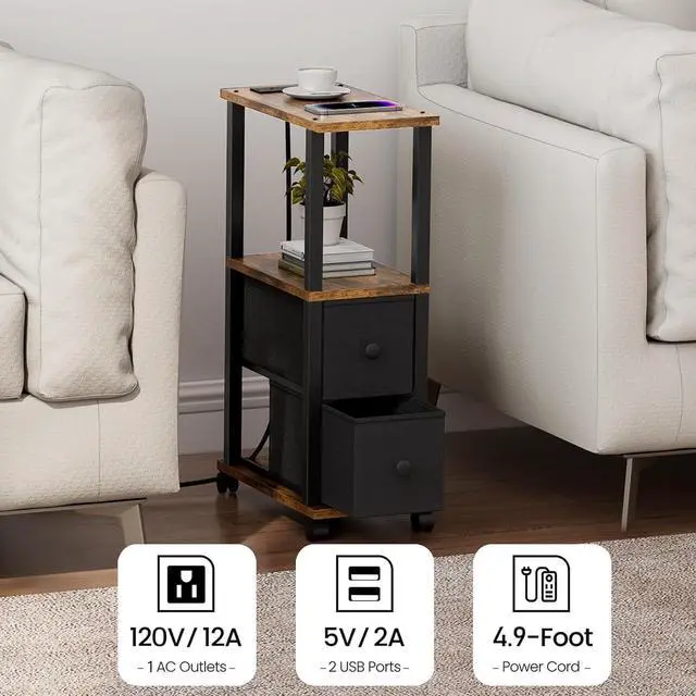 Alt view image 5 of 7 - TUTOTAK Small Narrow End Tables, Side Tables with 2 Fabric Drawers, Set of 2, Bedside Tables with Charging Station for Small Spaces, Slim Nightstands with USB Ports and Wheels, TB01BB053