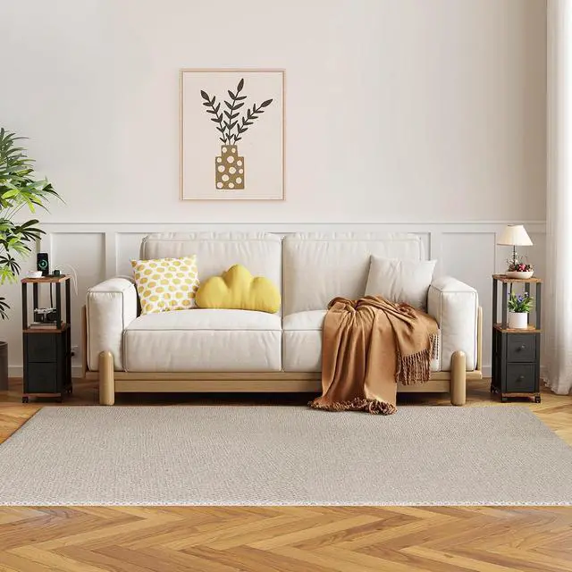 Alt view image 6 of 7 - TUTOTAK Small Narrow End Tables, Side Tables with 2 Fabric Drawers, Set of 2, Bedside Tables with Charging Station for Small Spaces, Slim Nightstands with USB Ports and Wheels, TB01BB053