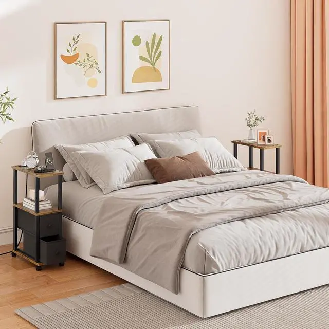 Alt view image 7 of 7 - TUTOTAK Small Narrow End Tables, Side Tables with 2 Fabric Drawers, Set of 2, Bedside Tables with Charging Station for Small Spaces, Slim Nightstands with USB Ports and Wheels, TB01BB053