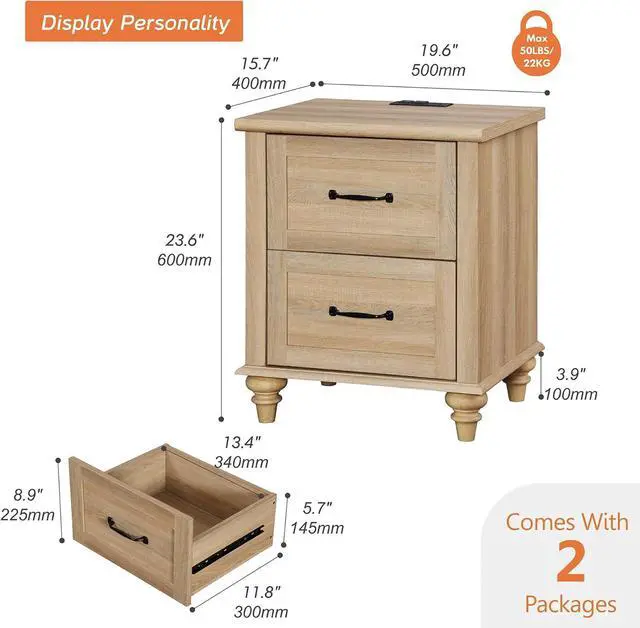 Alt view image 2 of 7 - WAMPAT Nightstands with Charging Station Set of 2, 20 Inch Night Stand with 2 Drawers, Wooden Rustic Bedside Table End Tables with Solid Wood Legs for Bedroom, Natural Oak