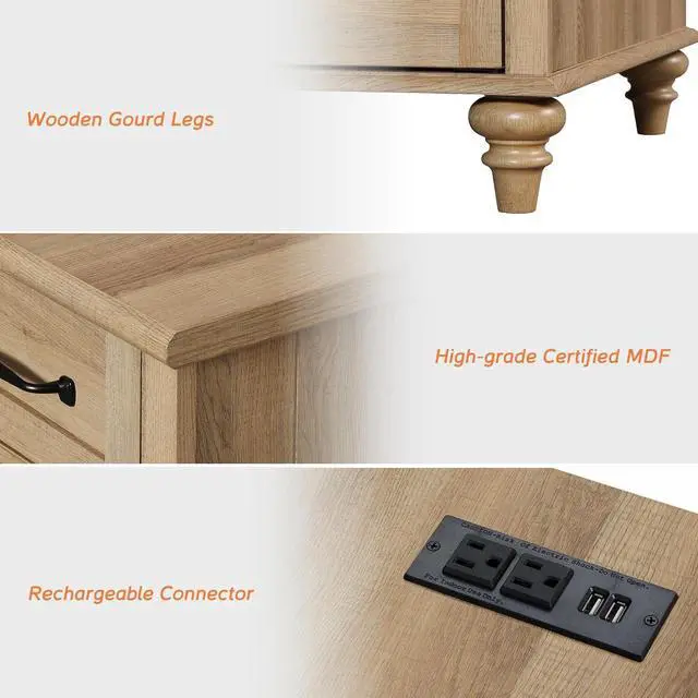Alt view image 7 of 7 - WAMPAT Nightstands with Charging Station Set of 2, 20 Inch Night Stand with 2 Drawers, Wooden Rustic Bedside Table End Tables with Solid Wood Legs for Bedroom, Natural Oak