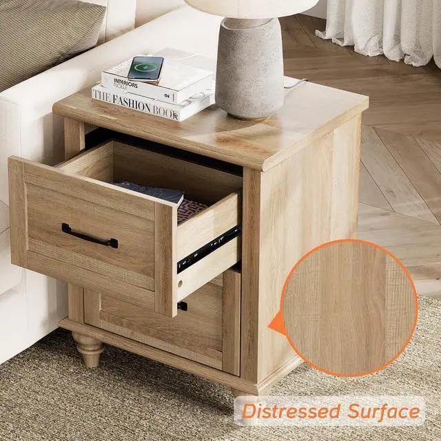 Alt view image 6 of 7 - WAMPAT Nightstands with Charging Station Set of 2, 20 Inch Night Stand with 2 Drawers, Wooden Rustic Bedside Table End Tables with Solid Wood Legs for Bedroom, Natural Oak