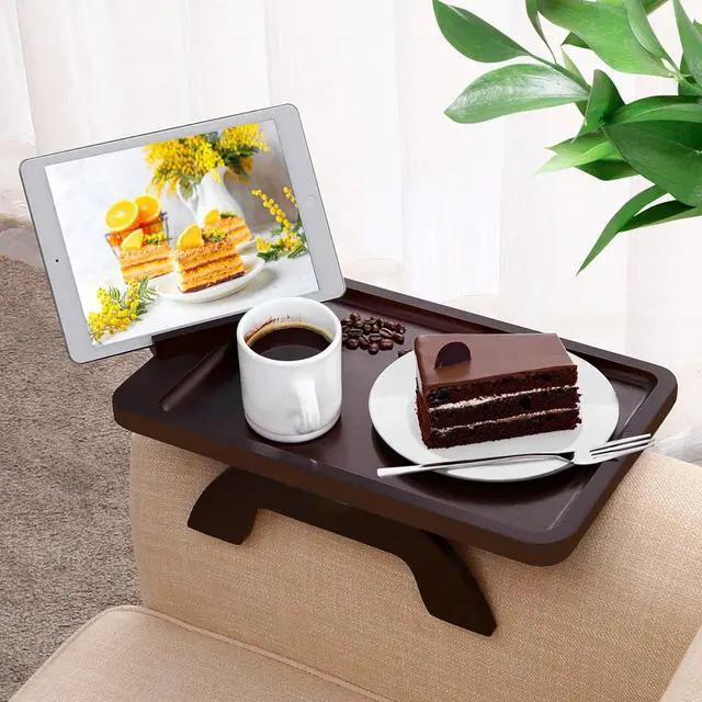 Main image of Couch Arm Table,Sofa Clip on Tray for Armrest Tray with Phone Holder,Couch Table for Living Room Bedroom (Large Walnut, 15.3" D x 9.8" W x 1.7" H)