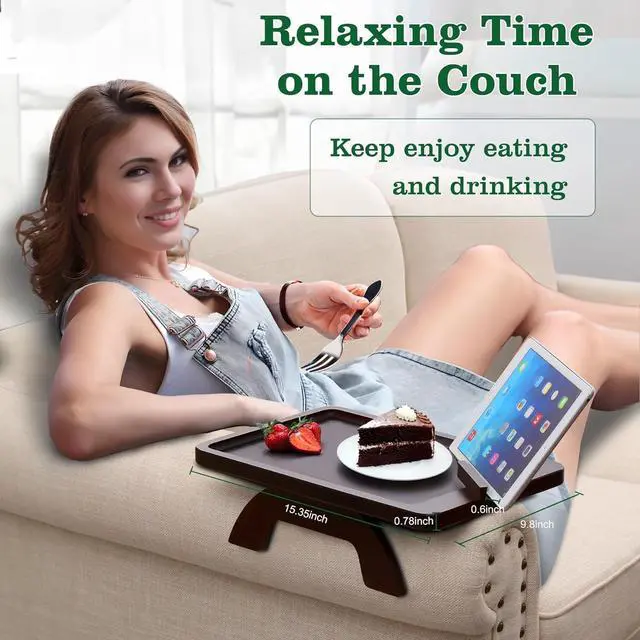 Alt view image 3 of 7 - Couch Arm Table,Sofa Clip on Tray for Armrest Tray with Phone Holder,Couch Table for Living Room Bedroom (Large Walnut, 15.3" D x 9.8" W x 1.7" H)