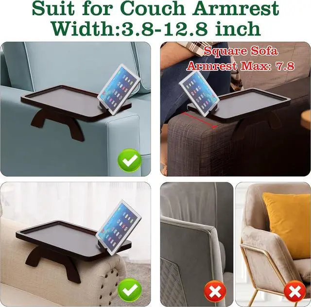 Alt view image 4 of 7 - Couch Arm Table,Sofa Clip on Tray for Armrest Tray with Phone Holder,Couch Table for Living Room Bedroom (Large Walnut, 15.3" D x 9.8" W x 1.7" H)