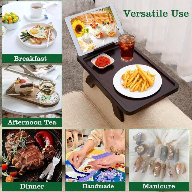 Alt view image 5 of 7 - Couch Arm Table,Sofa Clip on Tray for Armrest Tray with Phone Holder,Couch Table for Living Room Bedroom (Large Walnut, 15.3" D x 9.8" W x 1.7" H)