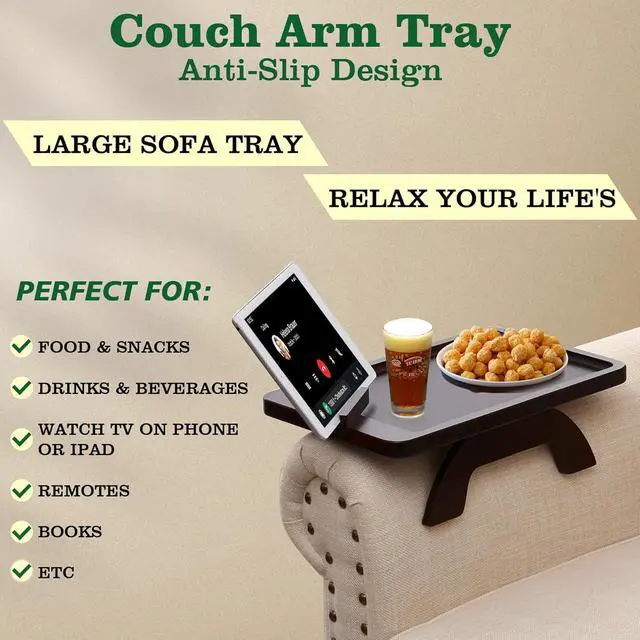 Alt view image 6 of 7 - Couch Arm Table,Sofa Clip on Tray for Armrest Tray with Phone Holder,Couch Table for Living Room Bedroom (Large Walnut, 15.3" D x 9.8" W x 1.7" H)