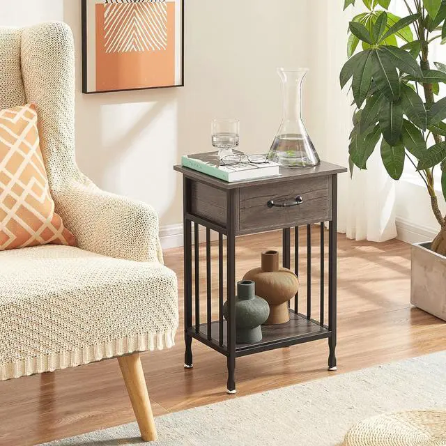 Alt view image 2 of 7 - VECELO Nightstands,3-Tier Side Table End Table with Drawer and Storage Shelf,Bedside Tables Organizer,Night Stands for Bedroom, Living Room,Wood Table with Metal Frame