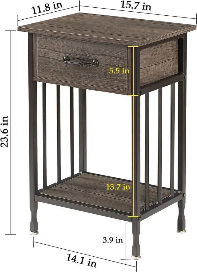 Alt view image 3 of 7 - VECELO Nightstands,3-Tier Side Table End Table with Drawer and Storage Shelf,Bedside Tables Organizer,Night Stands for Bedroom, Living Room,Wood Table with Metal Frame