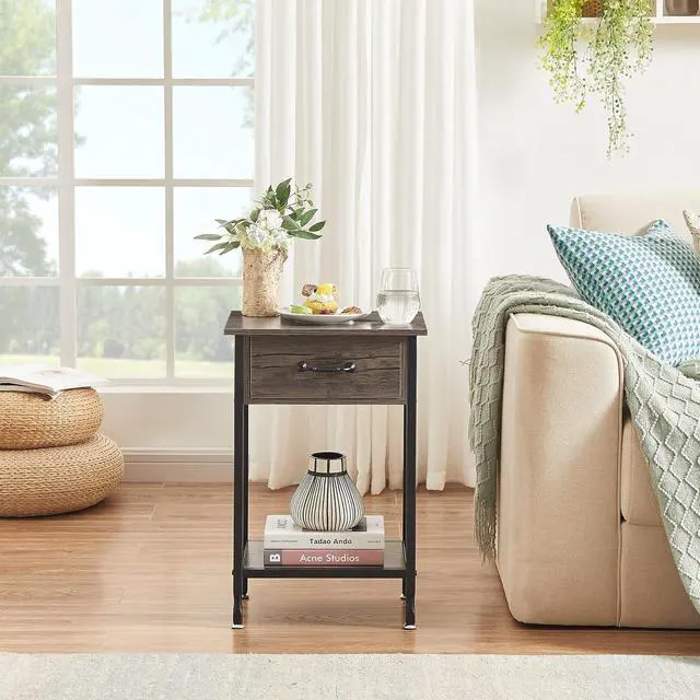 Alt view image 7 of 7 - VECELO Nightstands,3-Tier Side Table End Table with Drawer and Storage Shelf,Bedside Tables Organizer,Night Stands for Bedroom, Living Room,Wood Table with Metal Frame