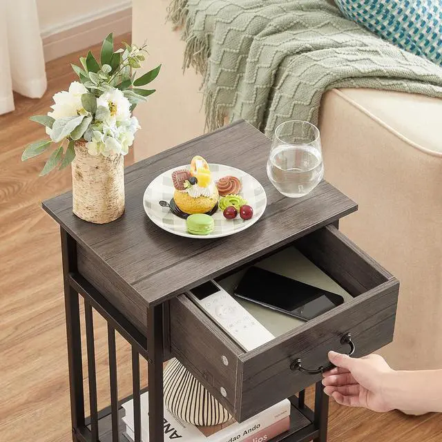 Alt view image 6 of 7 - VECELO Nightstands,3-Tier Side Table End Table with Drawer and Storage Shelf,Bedside Tables Organizer,Night Stands for Bedroom, Living Room,Wood Table with Metal Frame