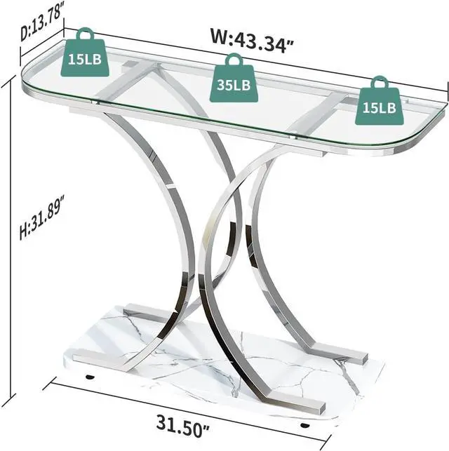 Alt view image 2 of 6 - O&K FURNITURE Silver Glass Console Tables for Entryway,Glass Entryway Table with Curved Frames and Marble Base, Modern Entrance Table Sofa Table for Living Room,Hallway,Silver Glass&White Marble