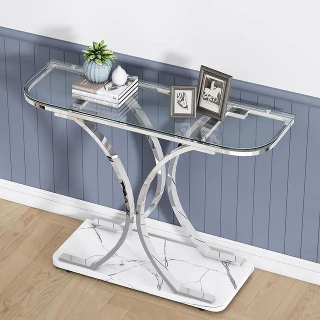 Alt view image 4 of 6 - O&K FURNITURE Silver Glass Console Tables for Entryway,Glass Entryway Table with Curved Frames and Marble Base, Modern Entrance Table Sofa Table for Living Room,Hallway,Silver Glass&White Marble