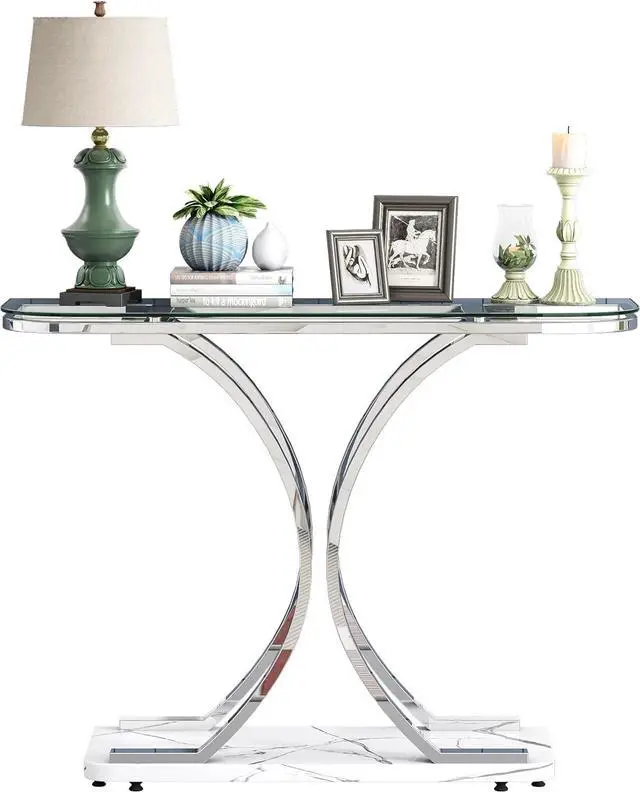 Alt view image 6 of 6 - O&K FURNITURE Silver Glass Console Tables for Entryway,Glass Entryway Table with Curved Frames and Marble Base, Modern Entrance Table Sofa Table for Living Room,Hallway,Silver Glass&White Marble