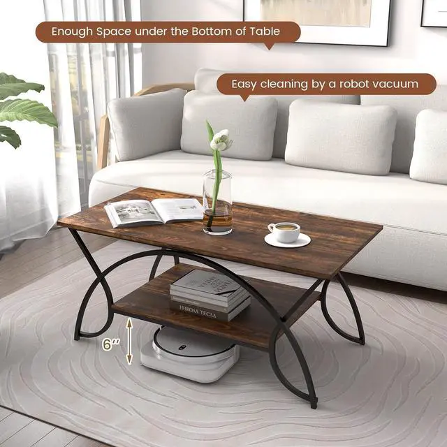 Alt view image 4 of 7 - Giantex 2-Tier Rectangular Coffee Table, Wood Grain Table with Open Storage Shelf, Black Finished Metal Frame, Industrial Center Table for Living Room, Reception Room (Coffee)