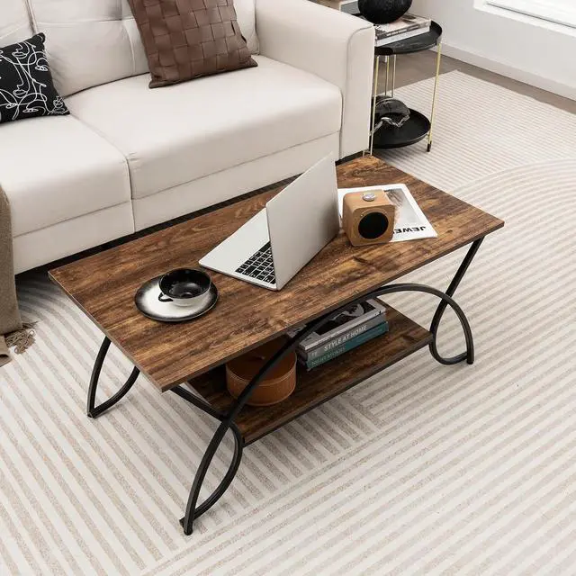 Alt view image 2 of 7 - Giantex 2-Tier Rectangular Coffee Table, Wood Grain Table with Open Storage Shelf, Black Finished Metal Frame, Industrial Center Table for Living Room, Reception Room (Coffee)