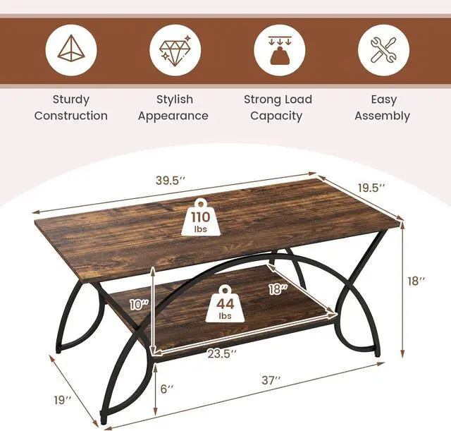 Alt view image 3 of 7 - Giantex 2-Tier Rectangular Coffee Table, Wood Grain Table with Open Storage Shelf, Black Finished Metal Frame, Industrial Center Table for Living Room, Reception Room (Coffee)