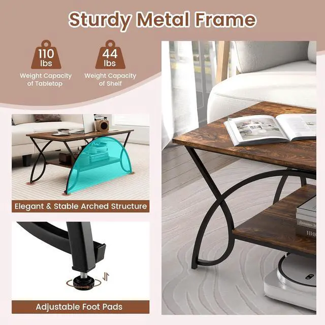 Alt view image 6 of 7 - Giantex 2-Tier Rectangular Coffee Table, Wood Grain Table with Open Storage Shelf, Black Finished Metal Frame, Industrial Center Table for Living Room, Reception Room (Coffee)