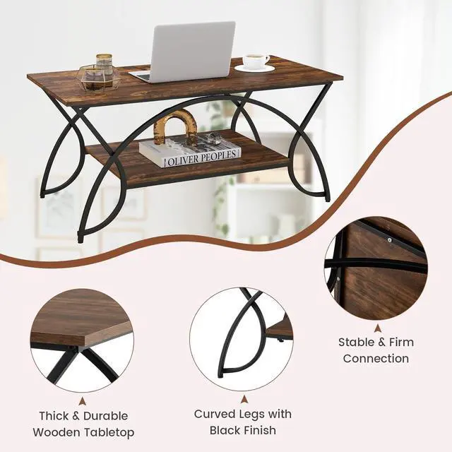 Alt view image 7 of 7 - Giantex 2-Tier Rectangular Coffee Table, Wood Grain Table with Open Storage Shelf, Black Finished Metal Frame, Industrial Center Table for Living Room, Reception Room (Coffee)