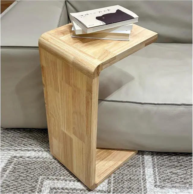 Main image of Solid Wood End Table for Couch, C Shaped Mini Sofa Side Table for Small Narrow Spaces, Wooden Nightstand for Living Room Bedroom Laptop Work Desk, Bedside Table for Office Balcony (1, wood Large)
