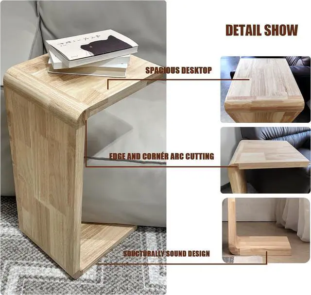 Alt view image 5 of 7 - Solid Wood End Table for Couch, C Shaped Mini Sofa Side Table for Small Narrow Spaces, Wooden Nightstand for Living Room Bedroom Laptop Work Desk, Bedside Table for Office Balcony (1, wood Large)