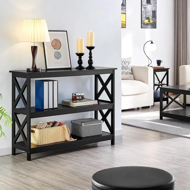 Alt view image 2 of 7 - Yaheetech Console Table with Storage Shelves, 3-Tier Entryway Table Sofa Side Table Narrow Long Bookshelf for Hallway Living Room, Accent Furniture, Black