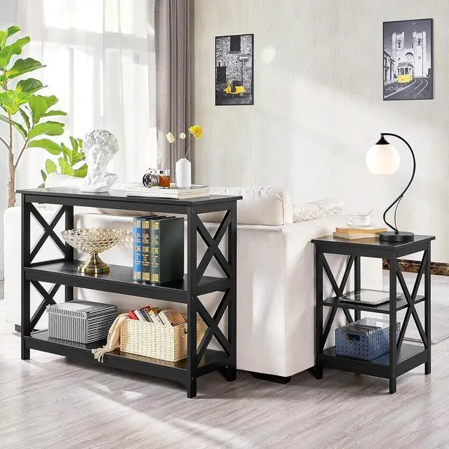Alt view image 5 of 7 - Yaheetech Console Table with Storage Shelves, 3-Tier Entryway Table Sofa Side Table Narrow Long Bookshelf for Hallway Living Room, Accent Furniture, Black