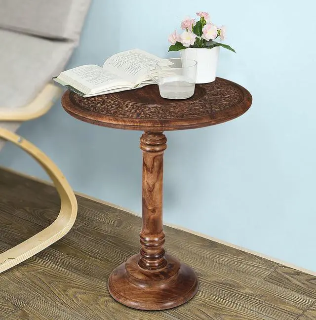 Main image of Lightnpro Hand-Carved Wooden Round Table, Pillar Design for Living Room, Bedroom & Hallway  End, Altar & Farmhouse Coffee Table  18" Round Top x 22" High  Burnt Finish